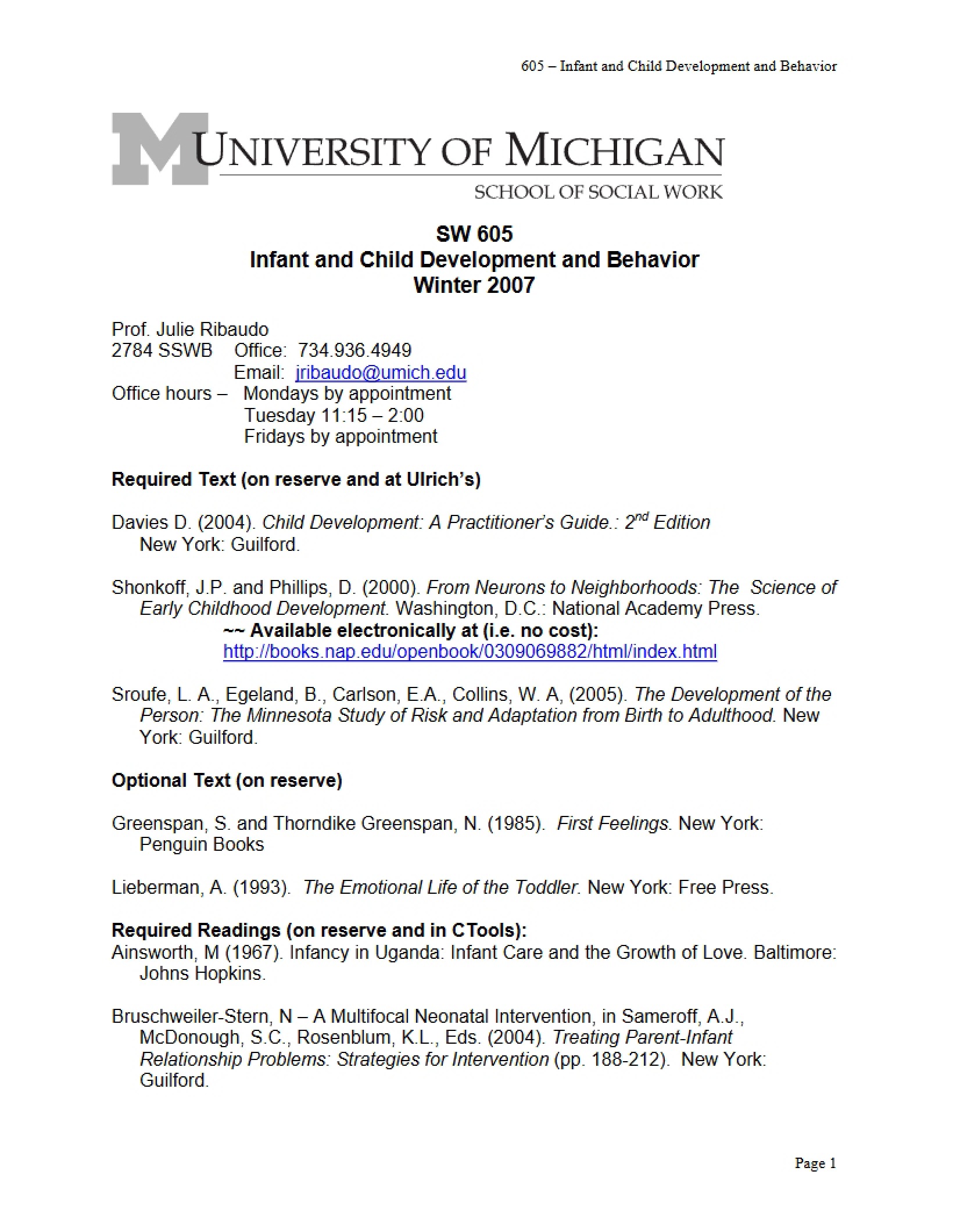 Syllabus for Infant Development