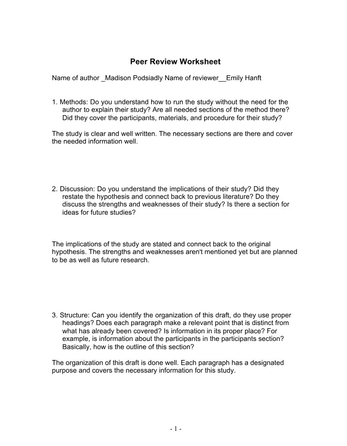 Worksheet for Peer Review
