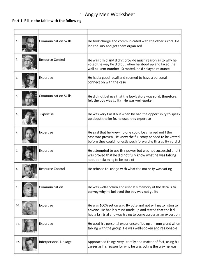 Worksheet for 12 Angry Men