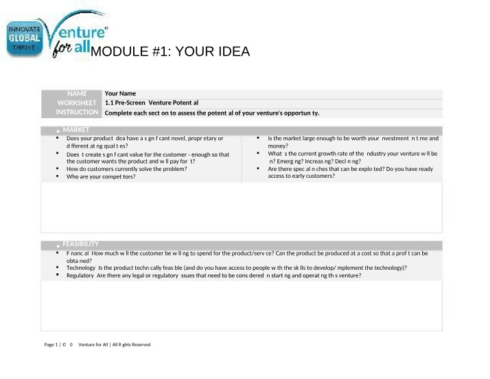 Pre-Screening Venture Potential Worksheet 1.1