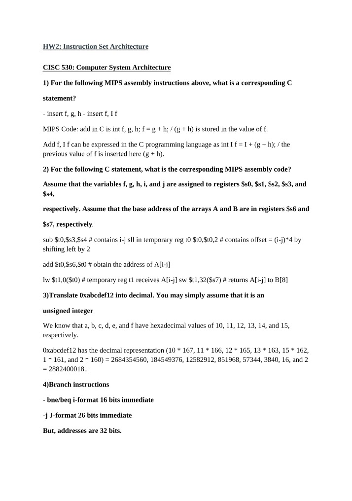 Instruction Set Architecture - MIPS Assembly vs. C