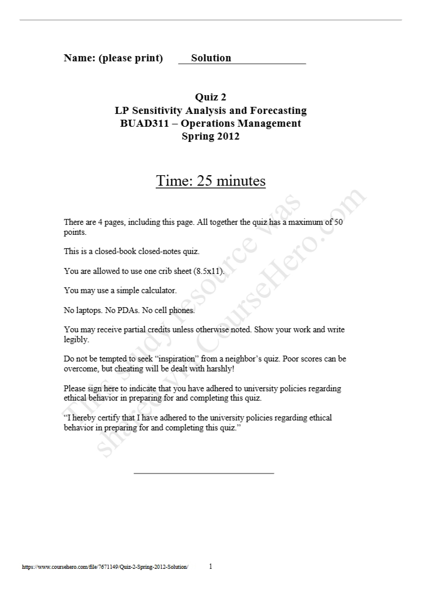 Solution for Spring 2012 Quiz 2