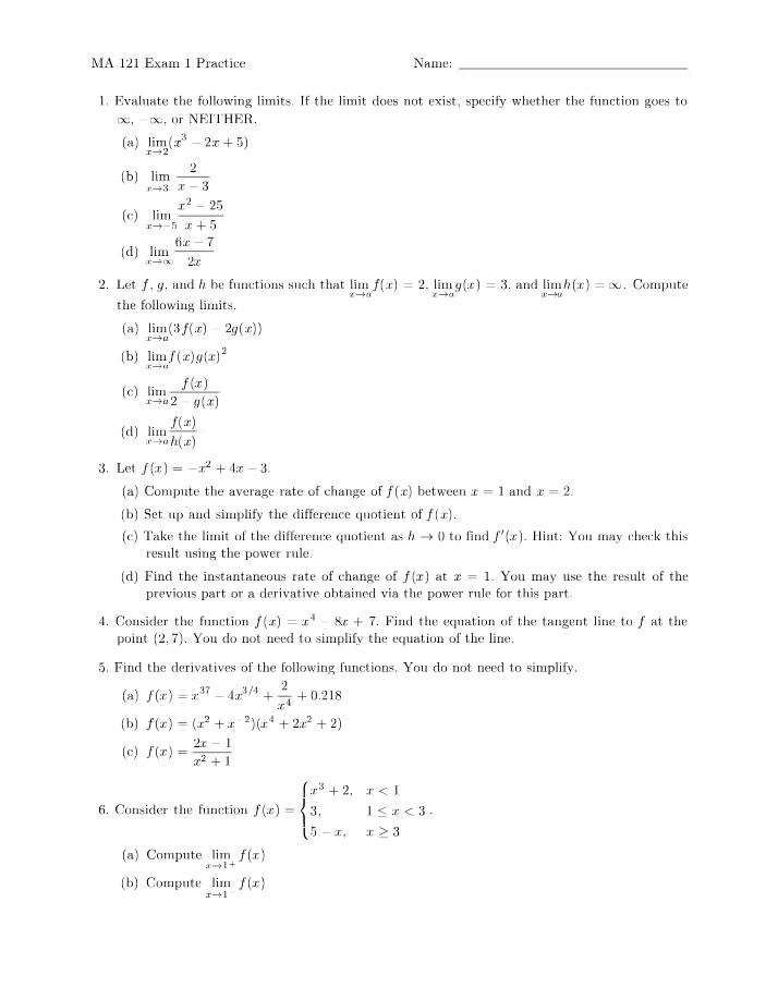 Practice Exam 1 - MA 121