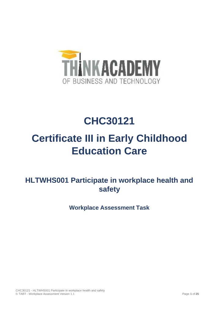 Workplace Health and Safety Assessment Task - HLTWHS001