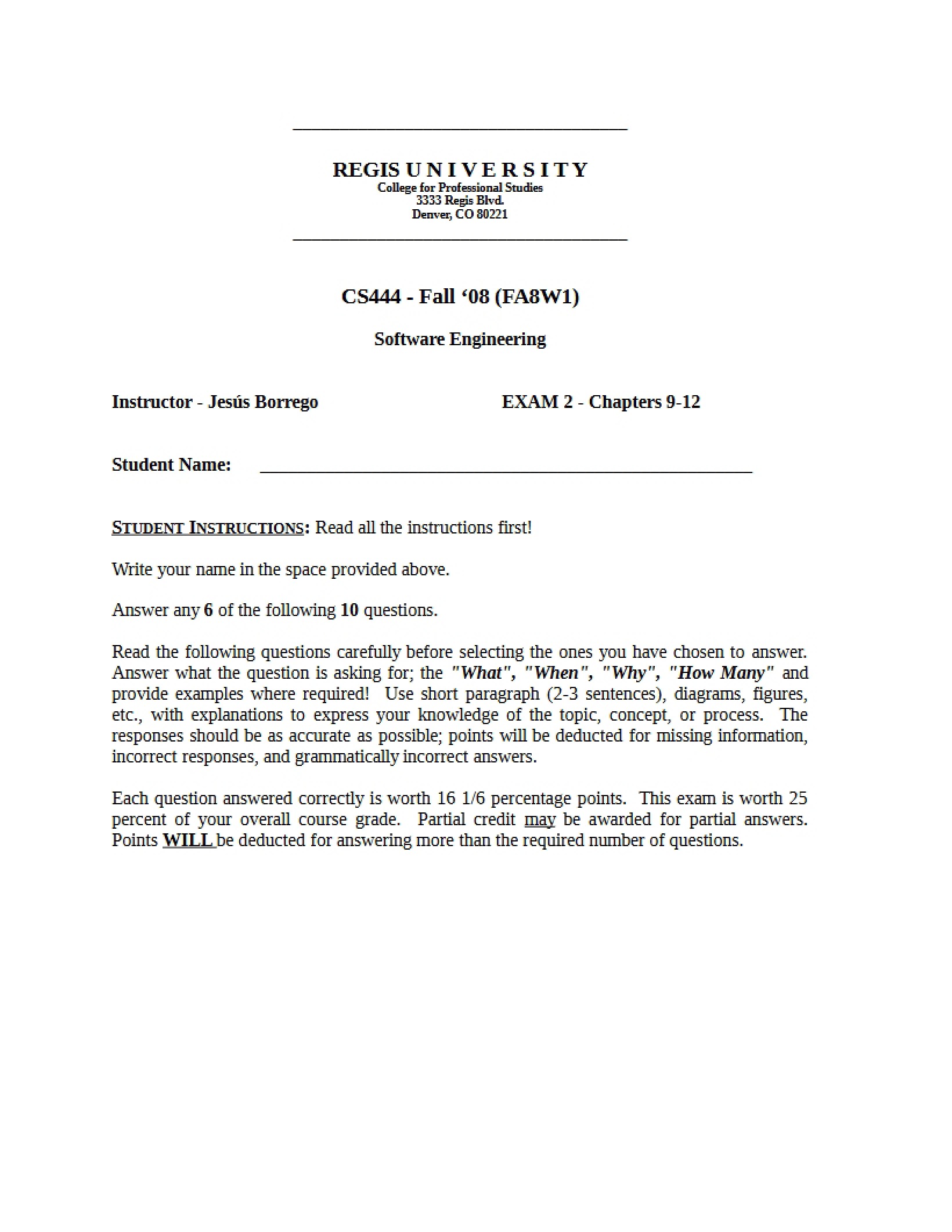 Software Engineering Examination