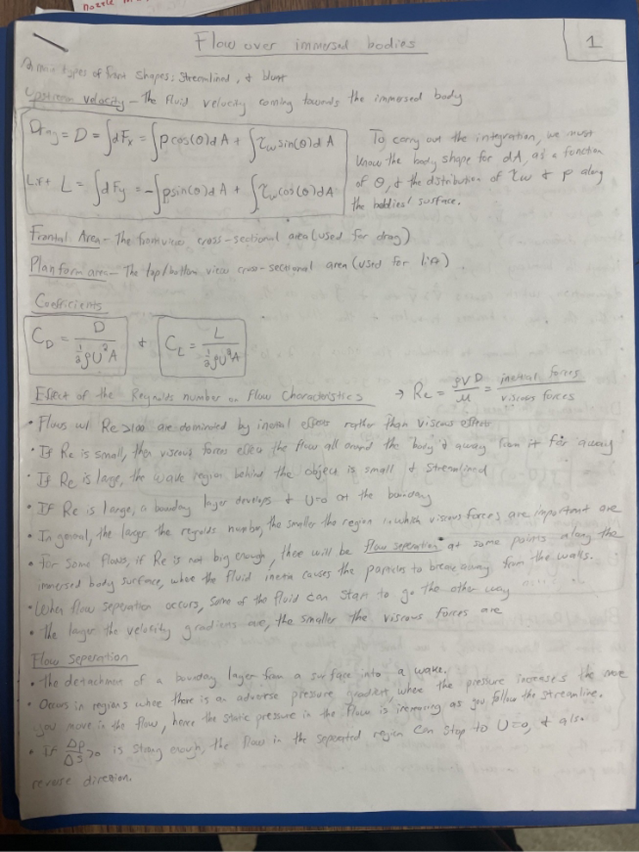 Notes regarding Flow Over Immersed Bodies