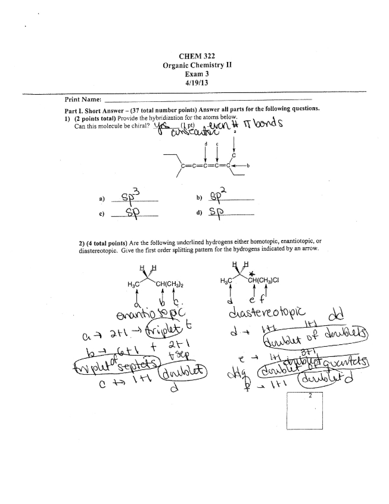 Organic Chemistry II - Exam 3 Solutions (2013)
