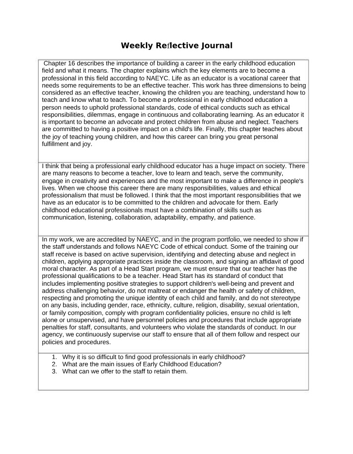 Weekly Reflective Journal Final