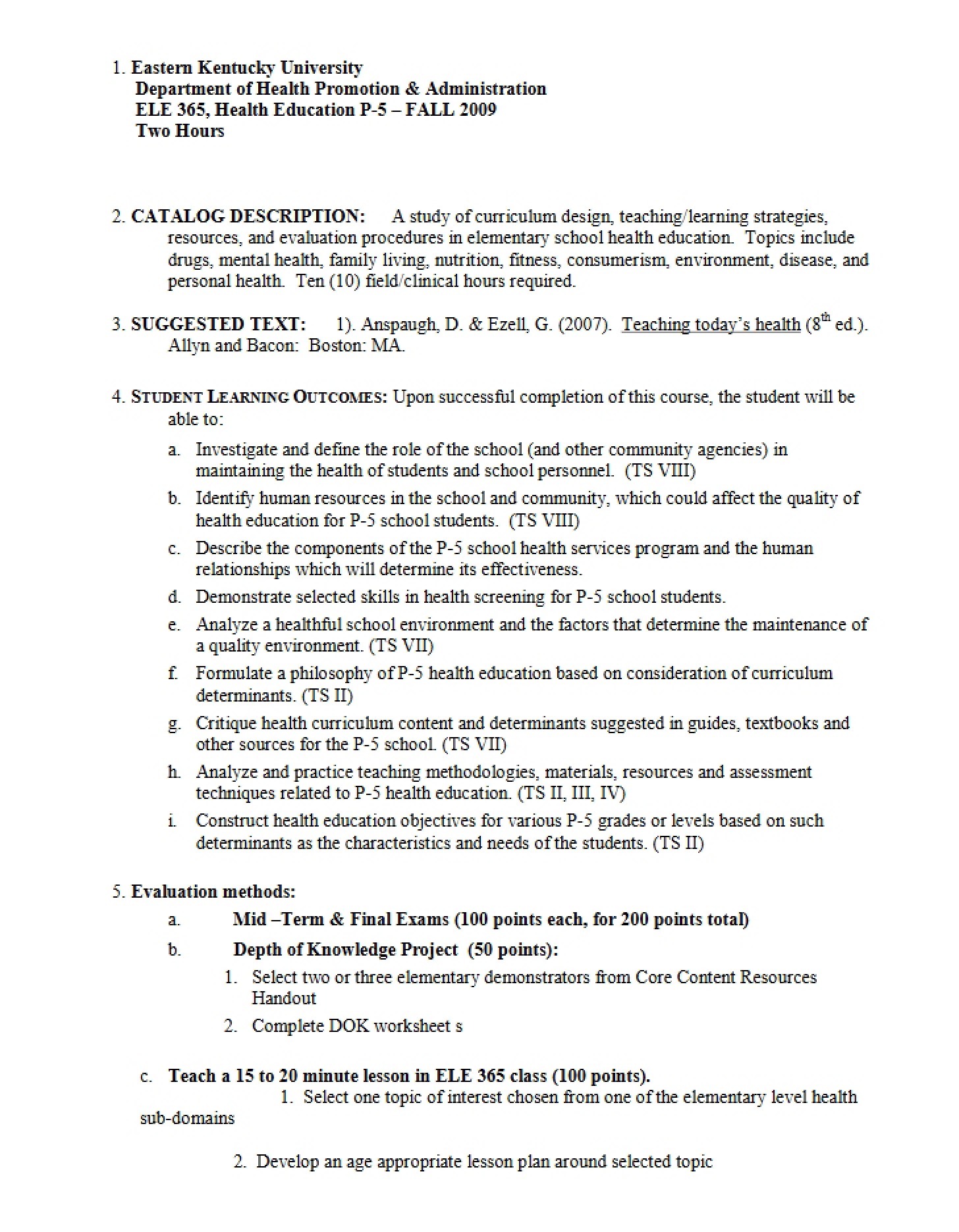 Course Plan ELE 365