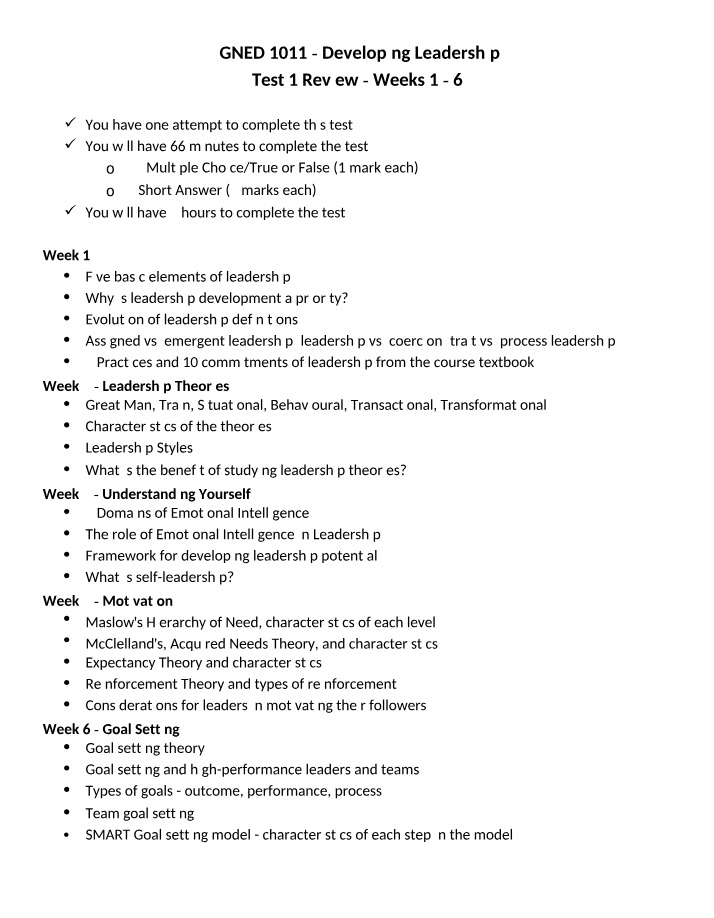 Weeks 1-6 Review for Test 1