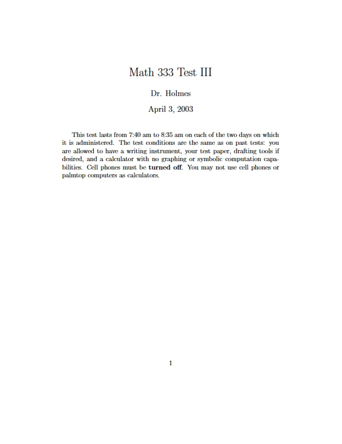 Third Examination for Differential Equations
