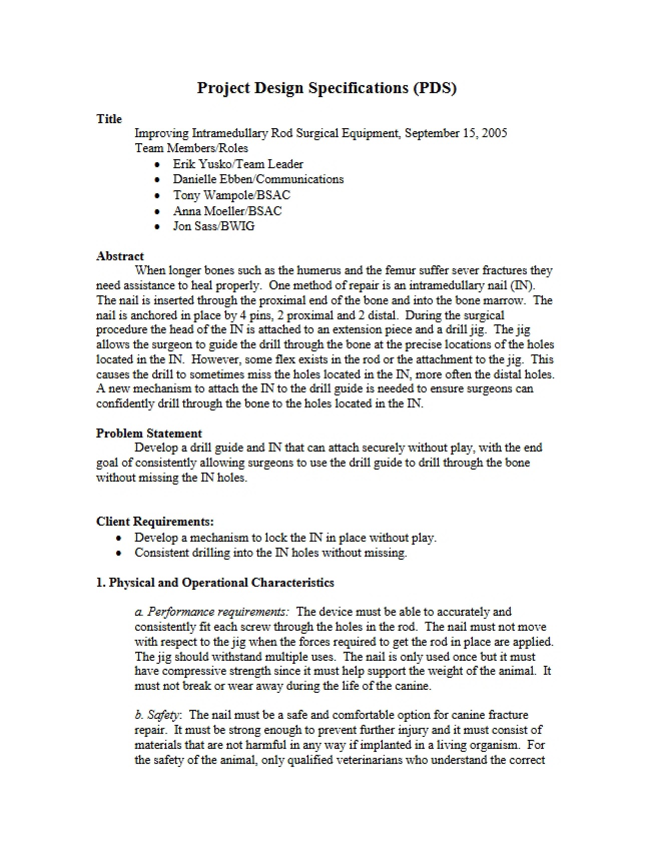 Specifications for Design Project