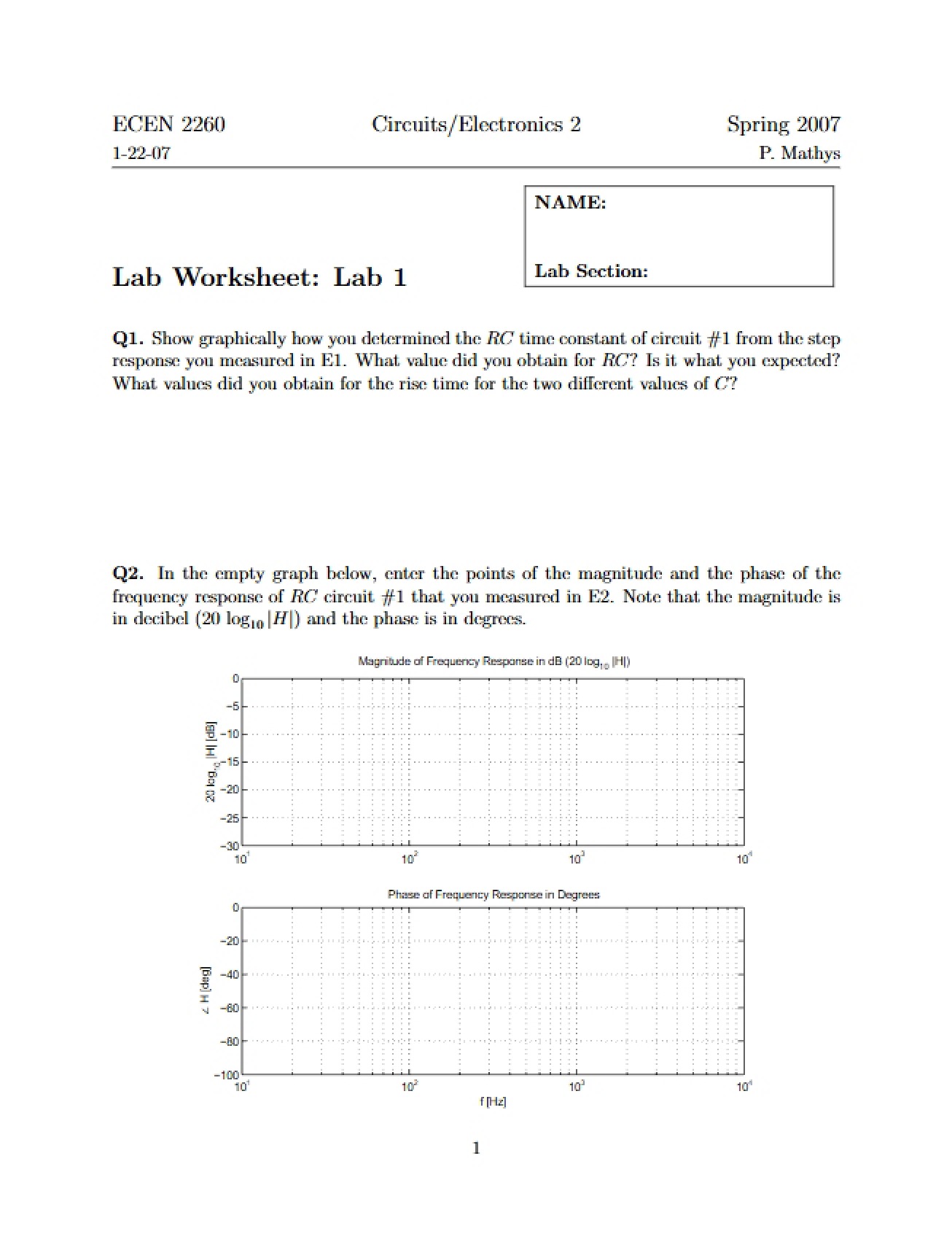 Laboratory One Worksheet