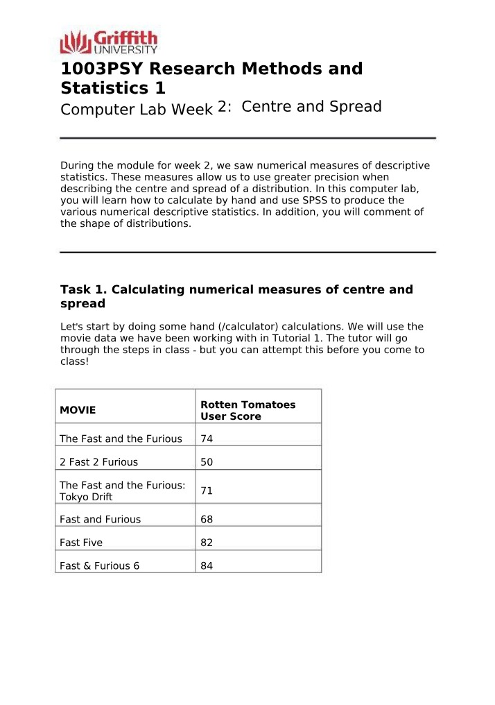 Measures of Centre and Spread in Research Methods 1