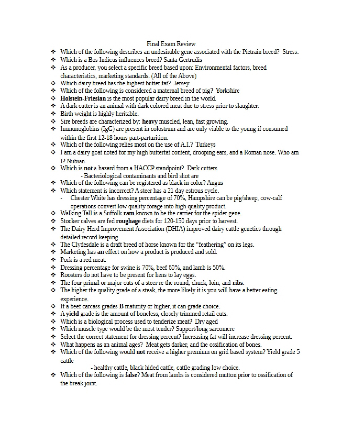 Final Review for General Animal Science