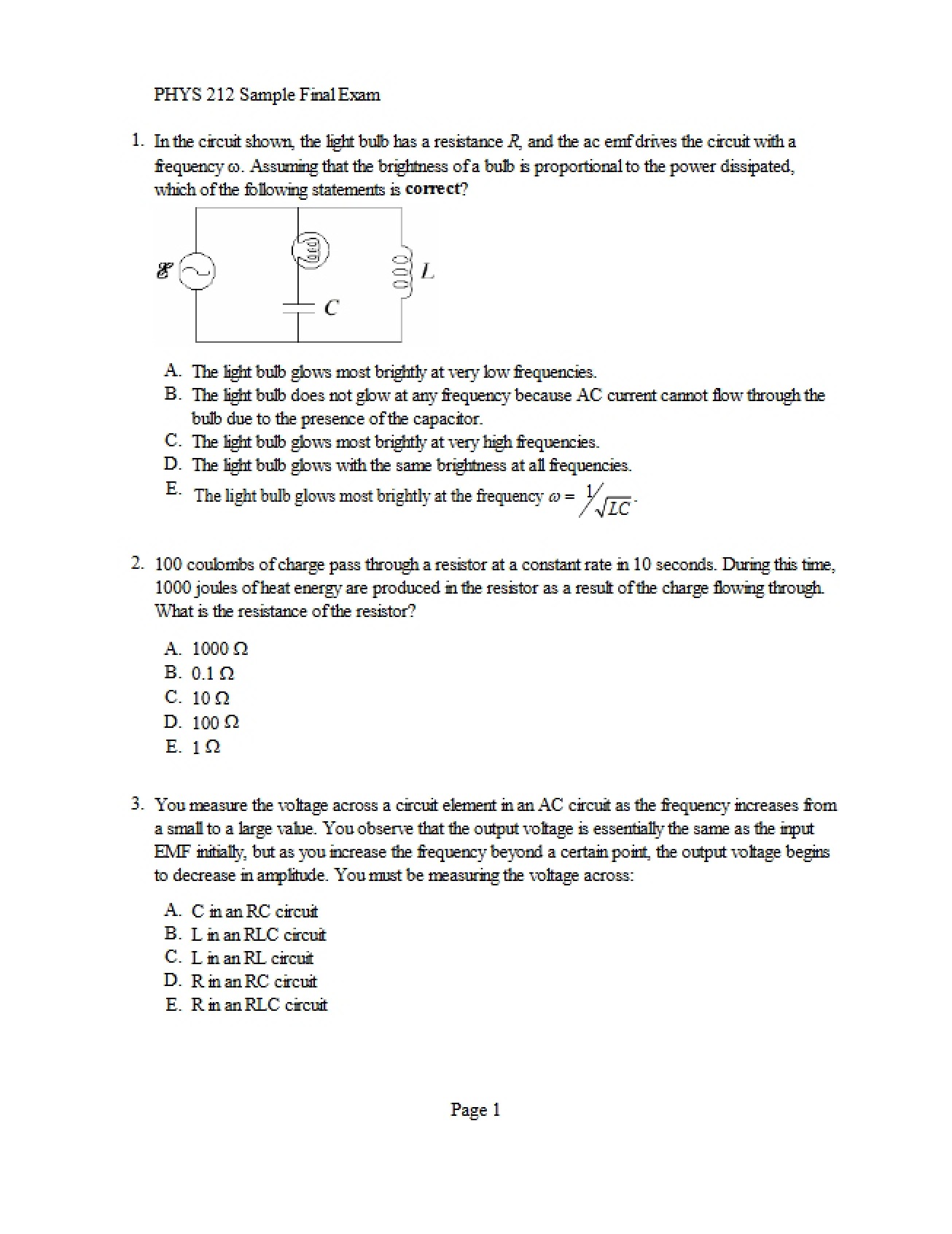 Electricity and Magnetism Sample Final Exam