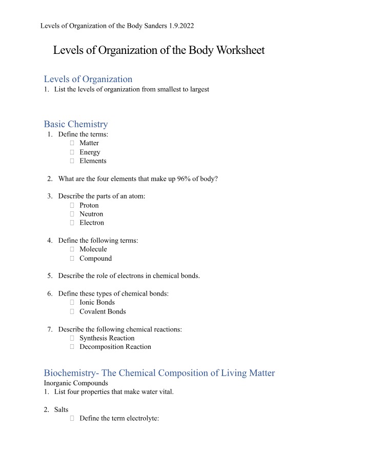 Worksheet on Levels of Body Organization