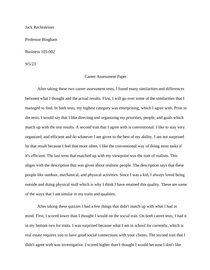 Career Assessment Paper - Jack Rechtsteiner