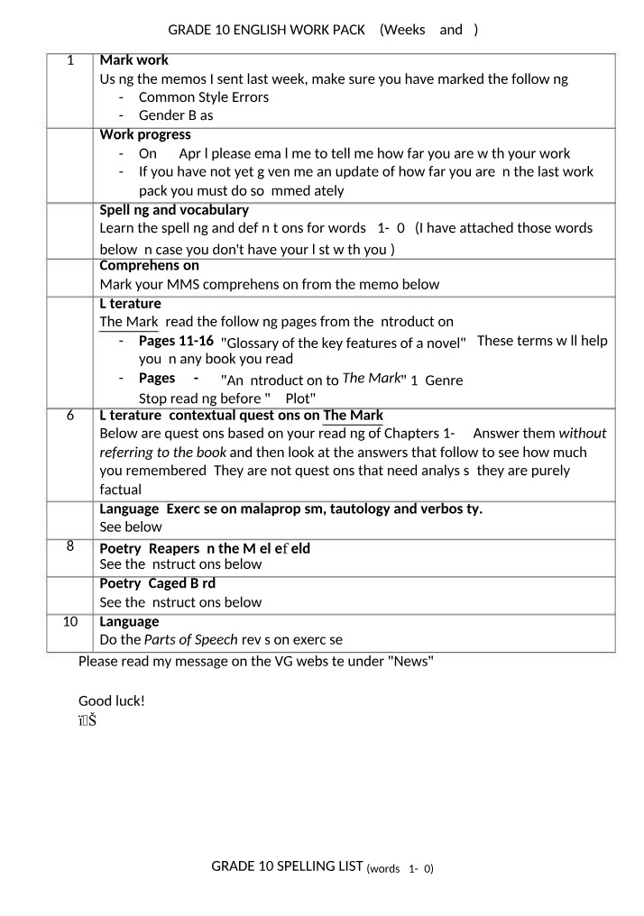 Work Pack 2 for Grade 10 English