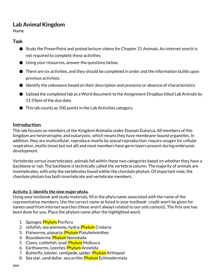 Animal Kingdom Study Guide and Lab Activities
