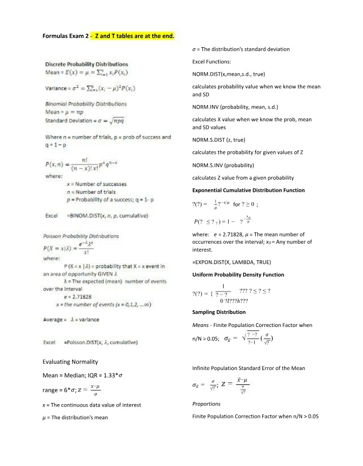 Exam 2 Formulas and Table (Chapters 5-8)