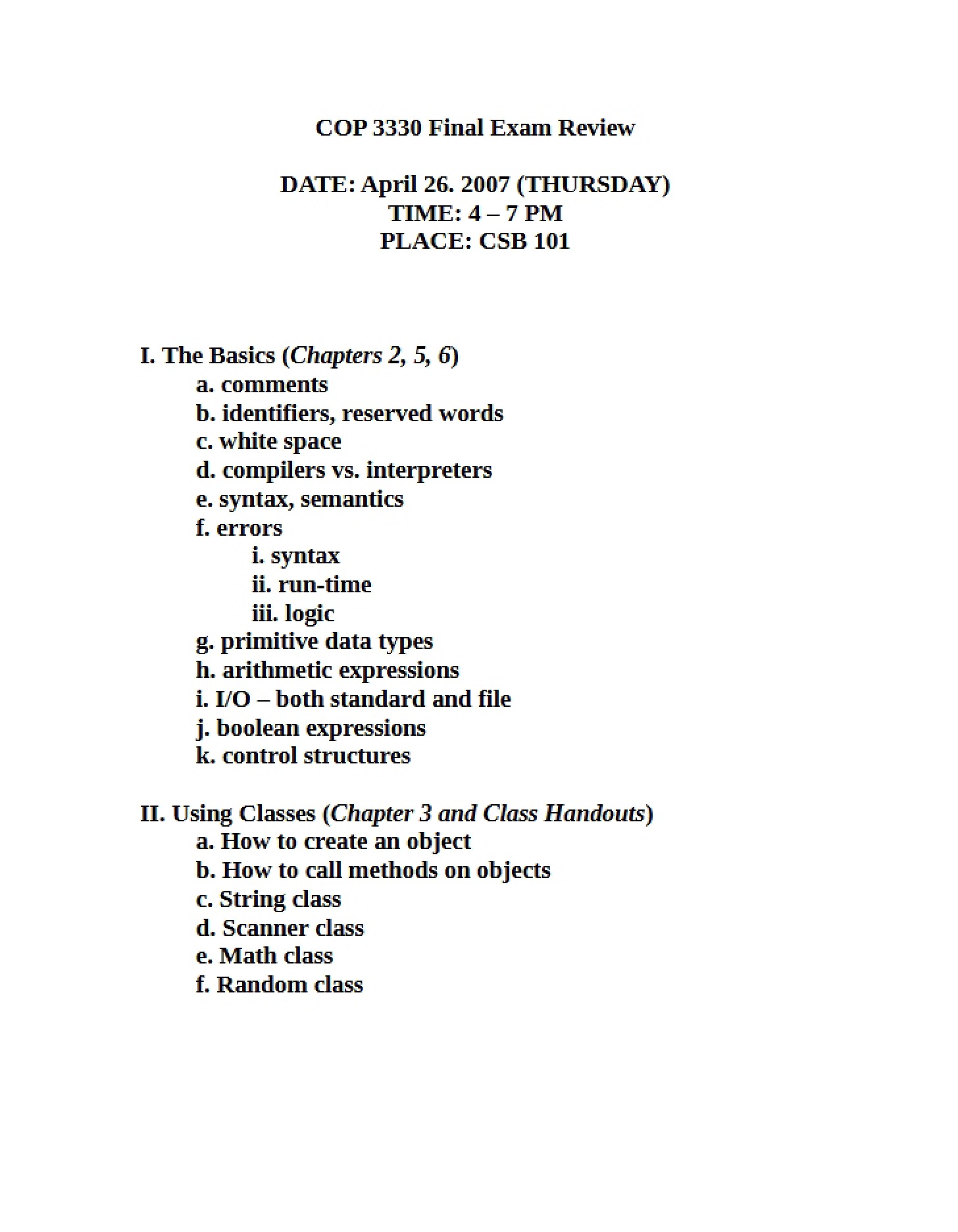 Final Exam Review (COP 3330)
