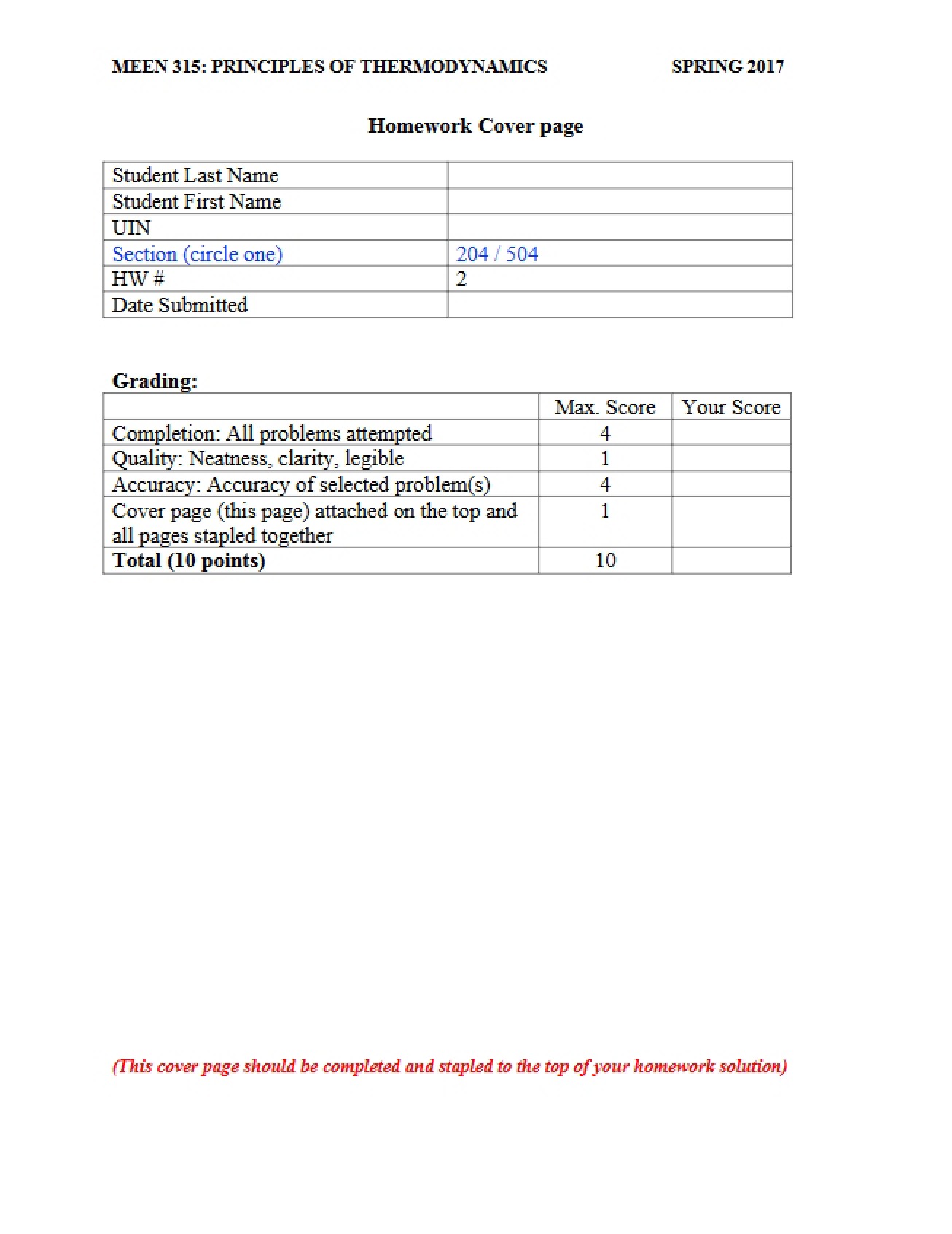 Homework Two for MEEN 315, Section 504