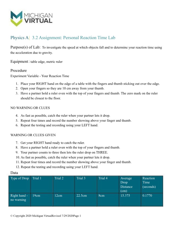Personal Reaction Time Lab Report