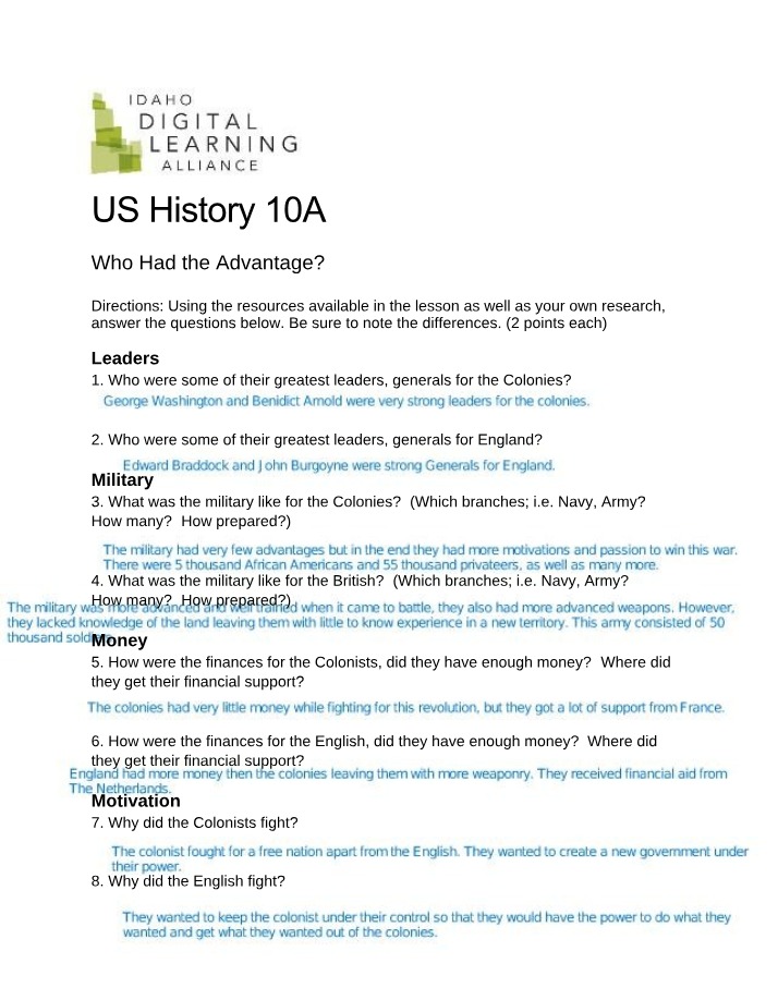 Who Had the Advantage - US History 10A