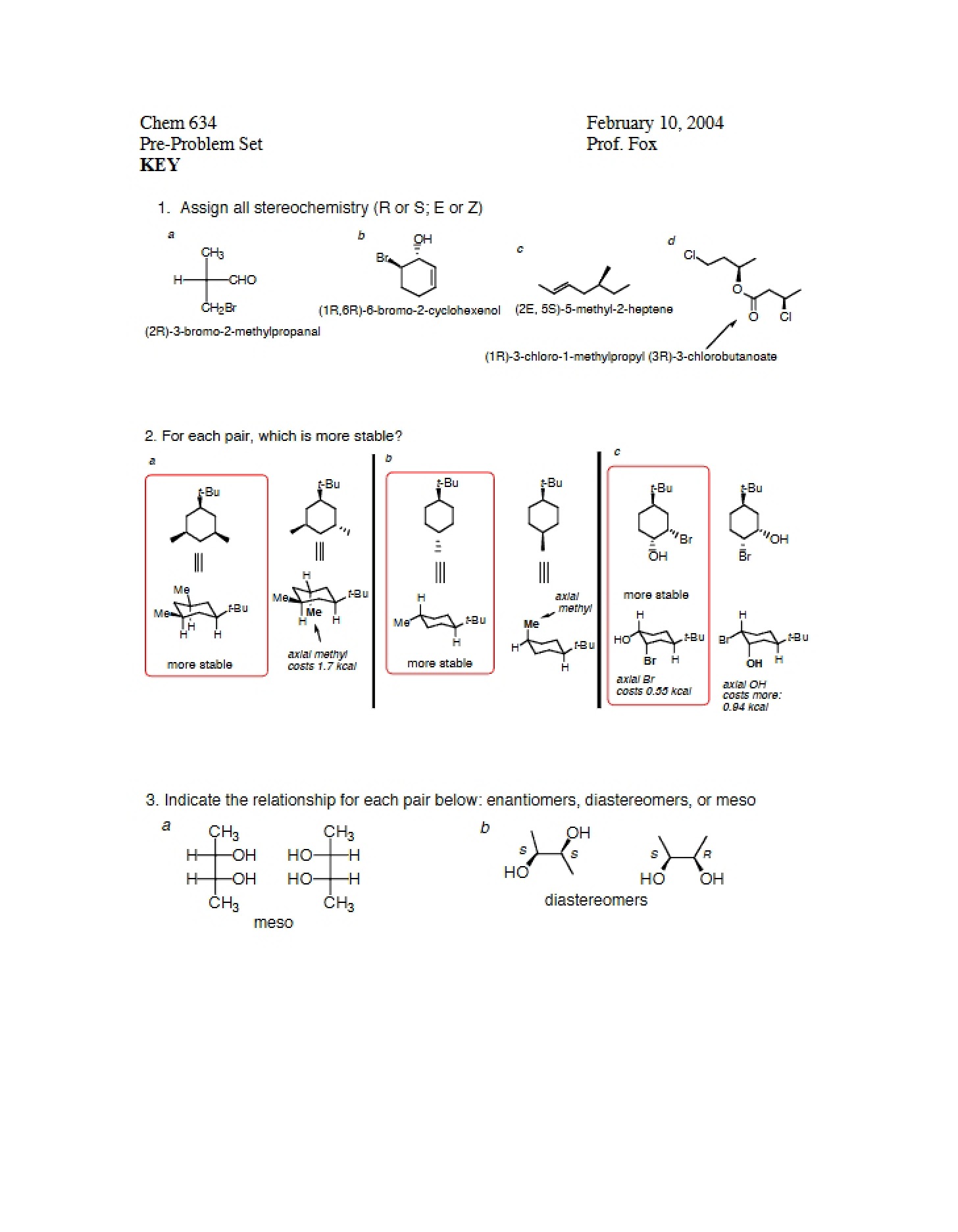 PreProblem Set Answers (CHEM634)