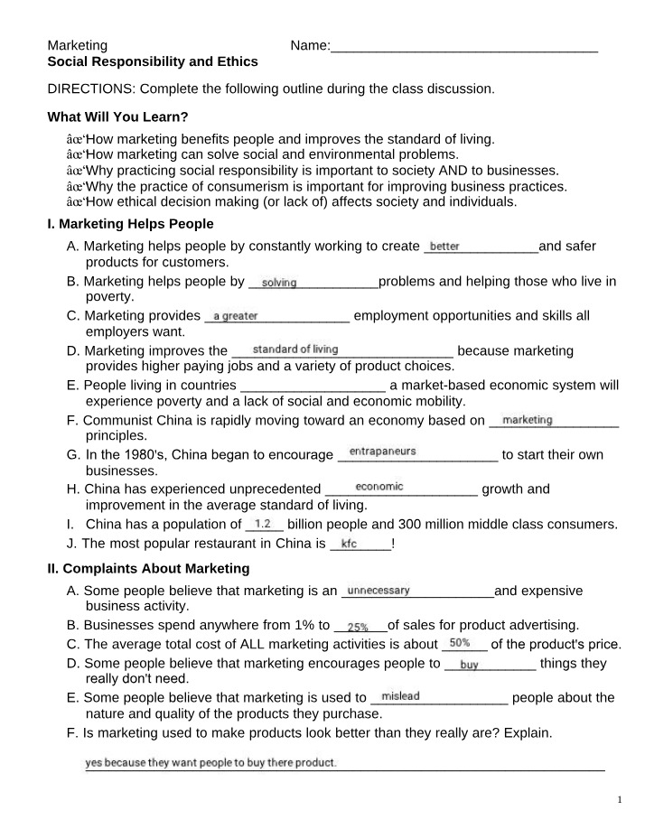 Study Guide for Marketing Social Responsibility and Ethics