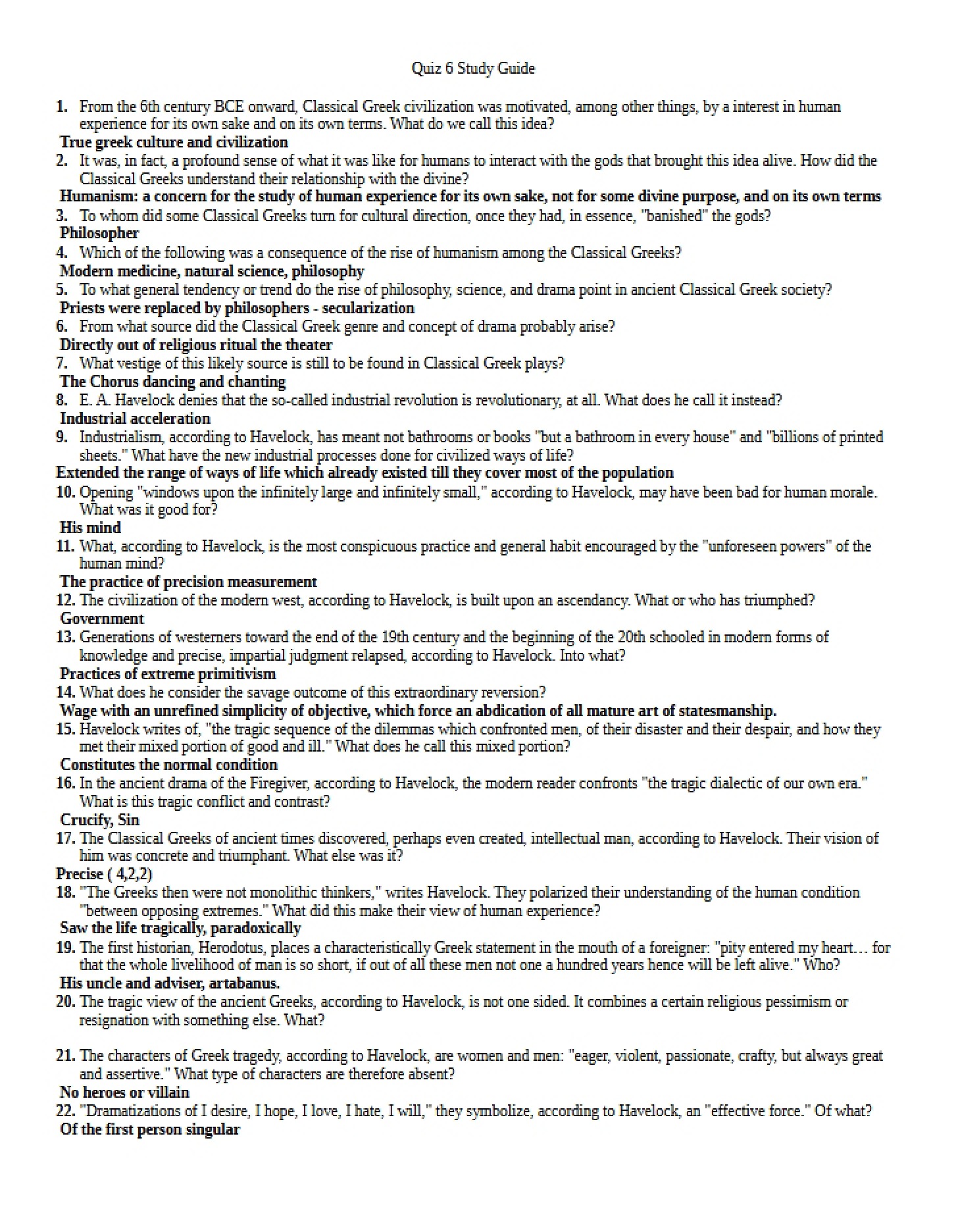 Study Guide for Quiz Six
