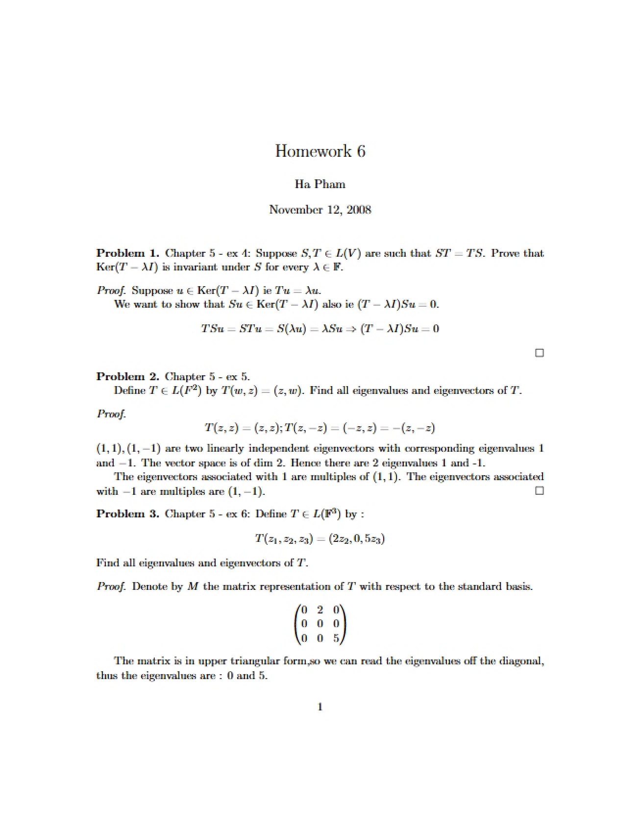 Sixth Homework for Linear Algebra and Matrix Theory