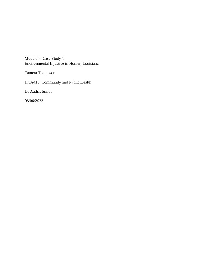 Environmental Injustice in Homer, Louisiana - Case Study 1 and Stakeholders