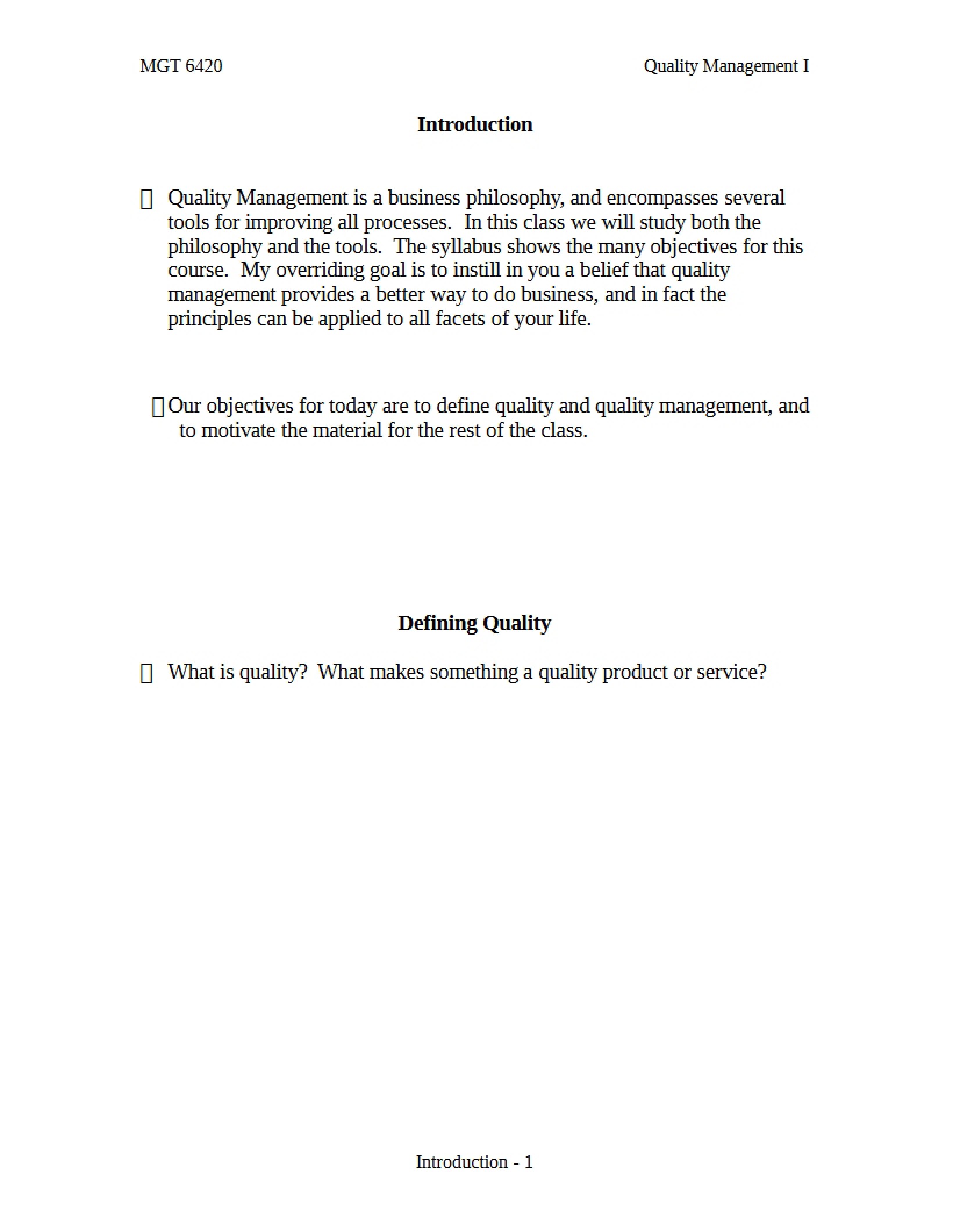 Notes on Quality Management