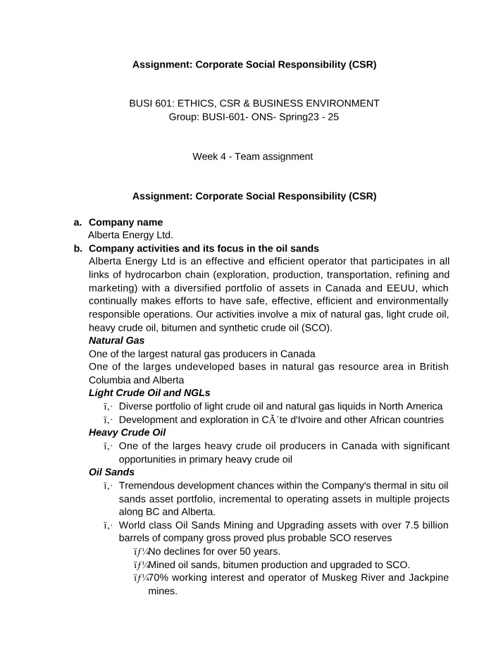 Alberta Energy Ltd. CSR Assignment