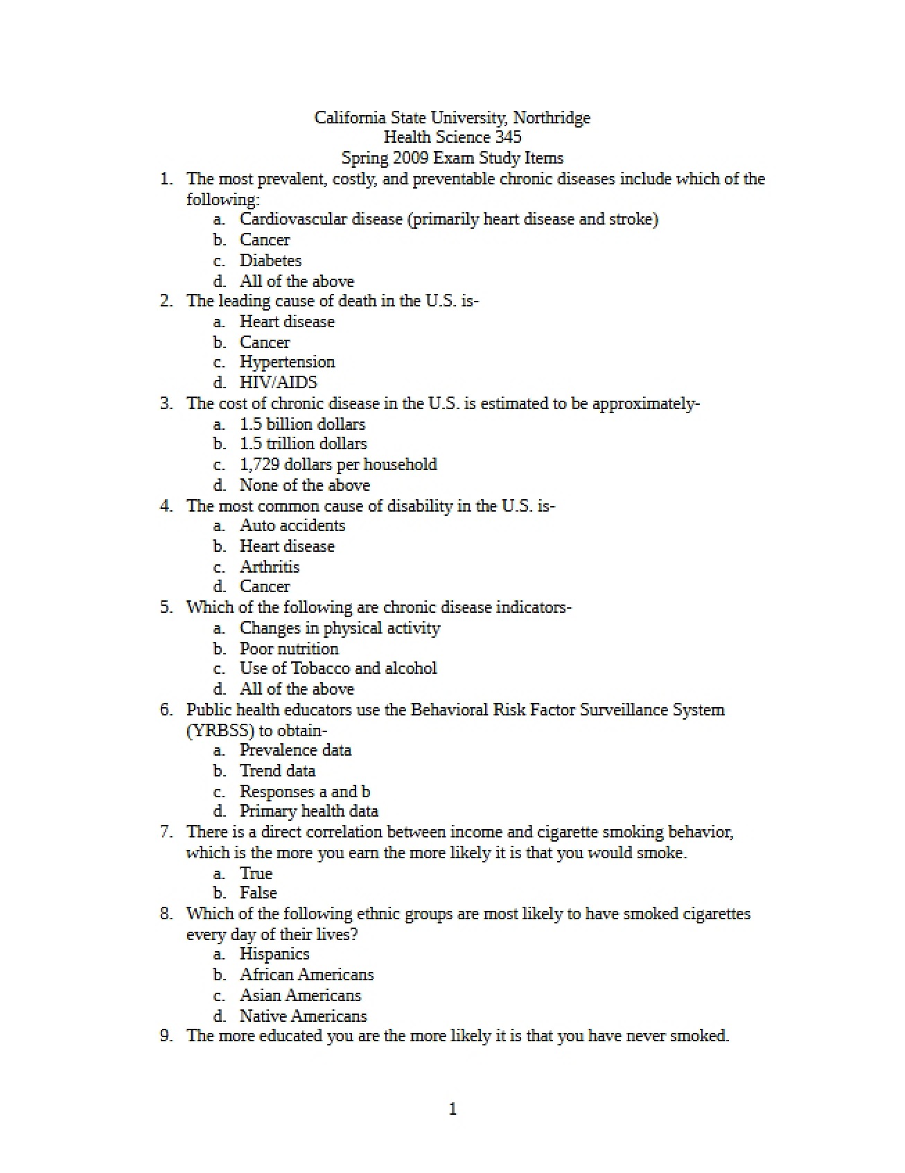 Public Health Exam Items