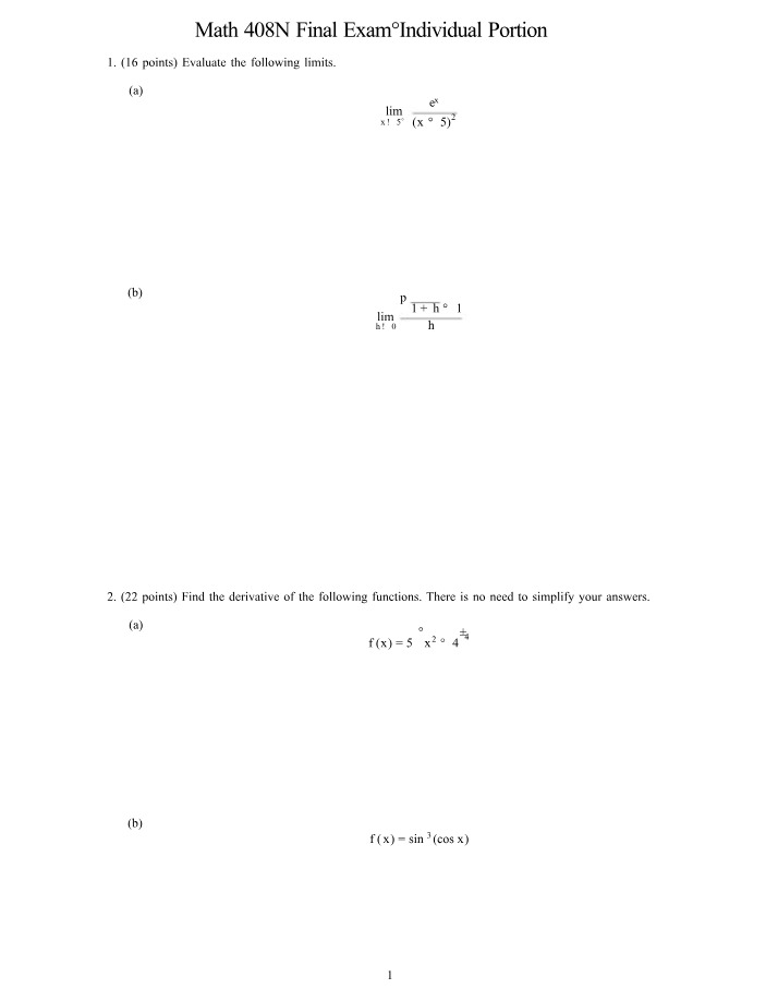 Final Exam Review for Math 408N