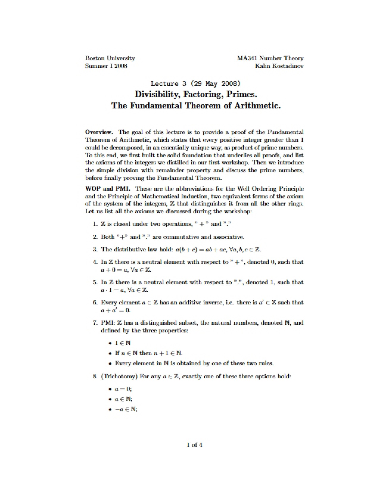 Lecture 3 Primes, Factoring, Divisibility, and Arithmetic Theorem