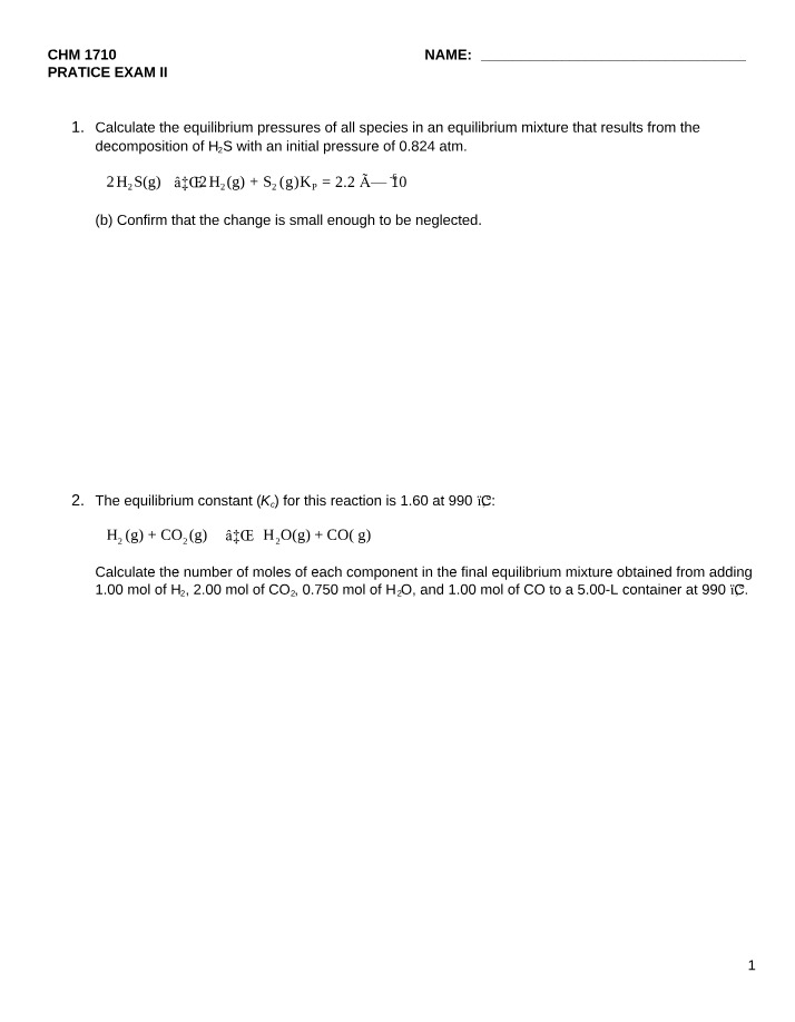 Equilibrium Pressures and Calculating H2S Decomposition