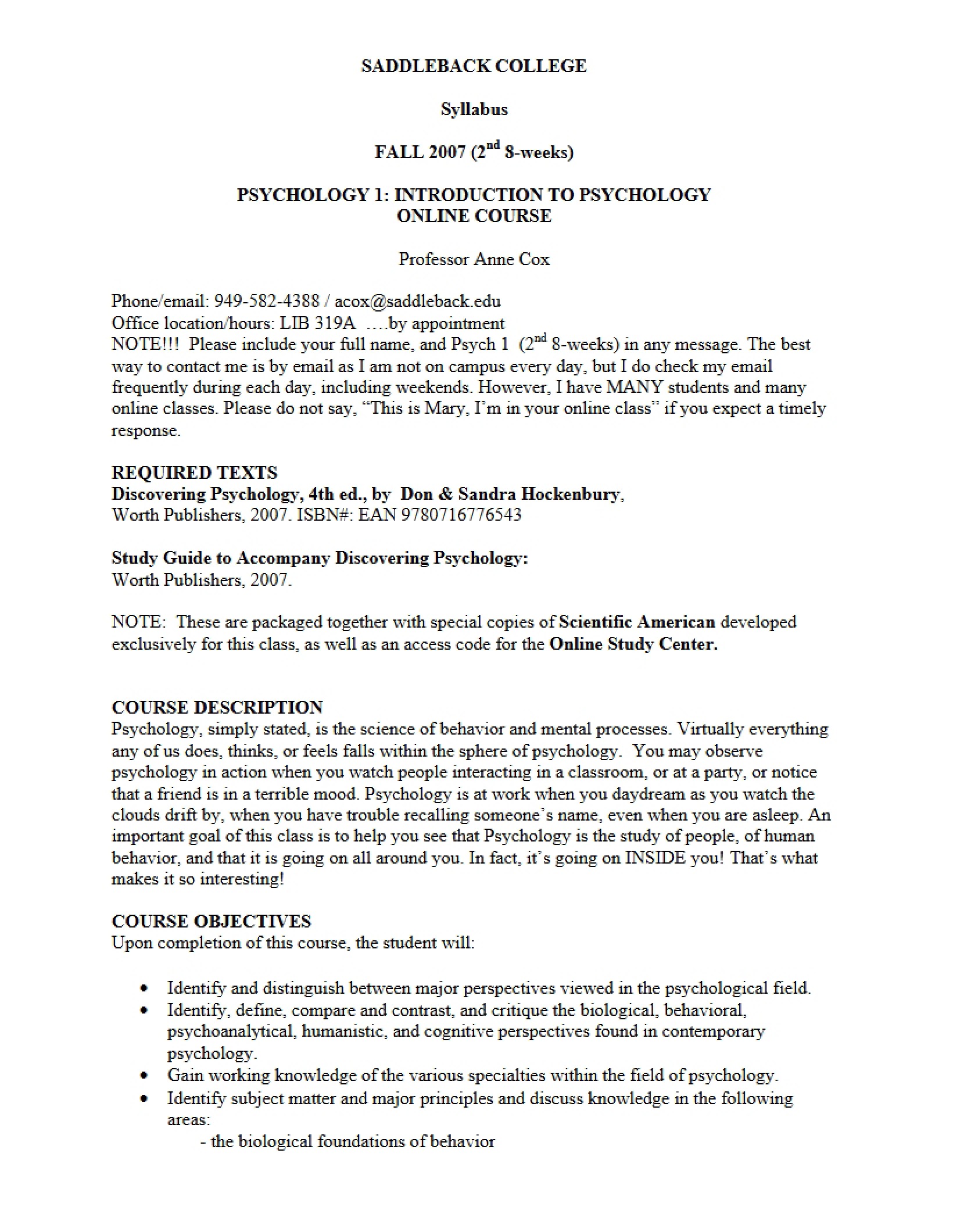 Introduction to Psychology Syllabus - Introduction To Psychology