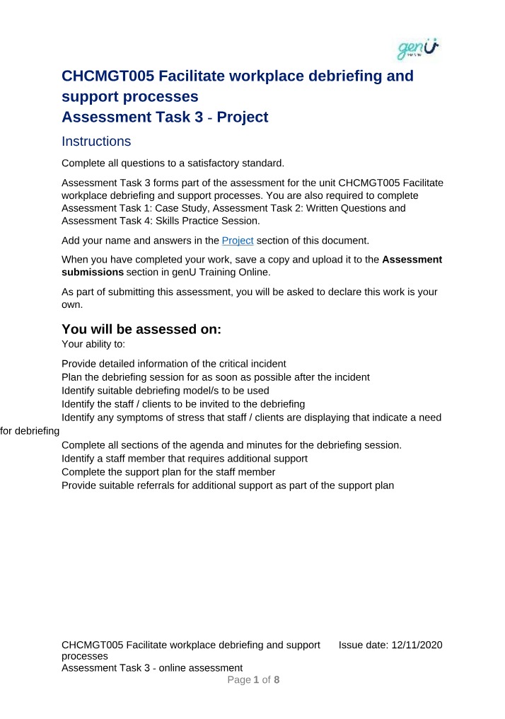 CHCMGT005 Workplace Debriefing Assessment Task 3 Project A