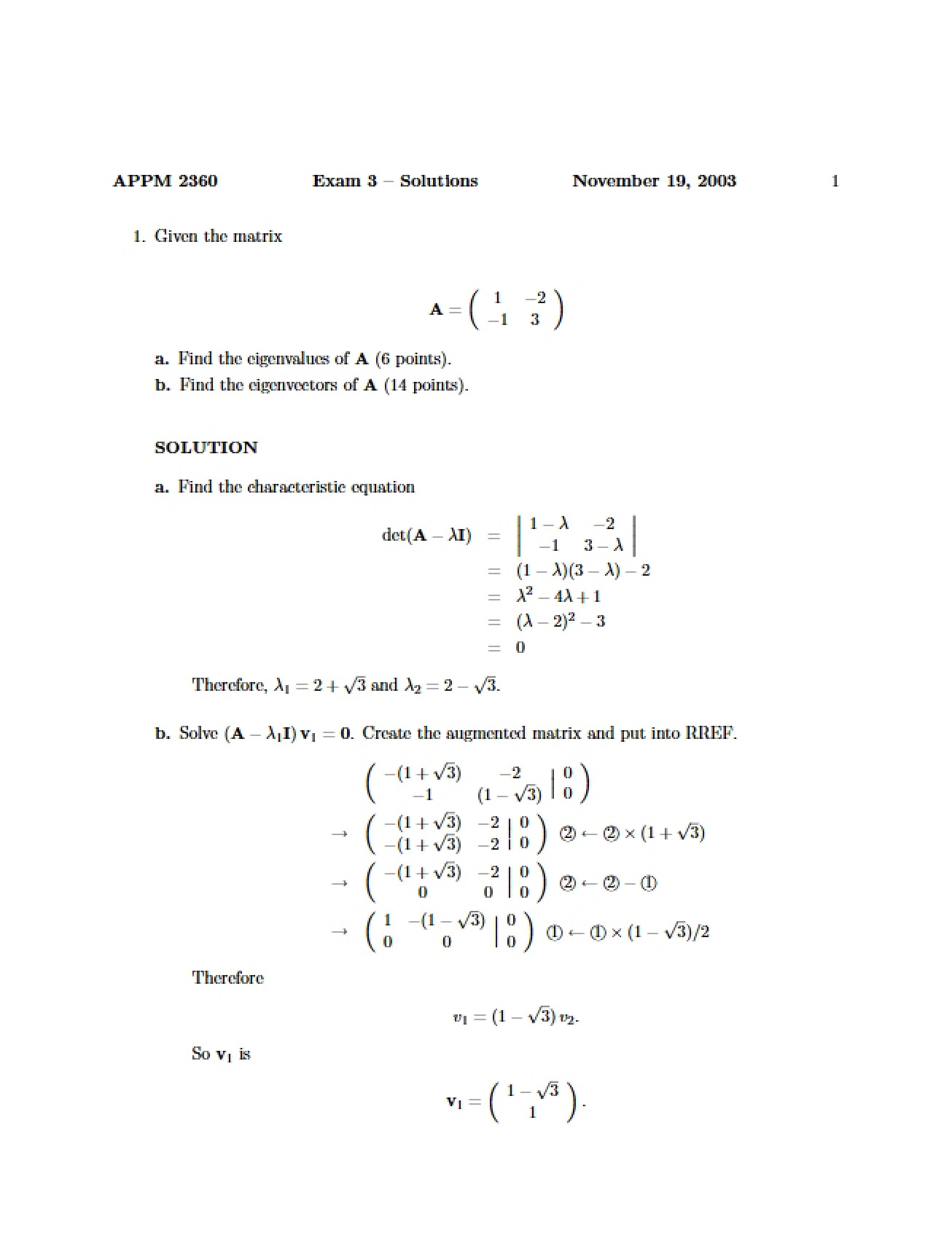 Answer Key for Differential Equations Exam 3h