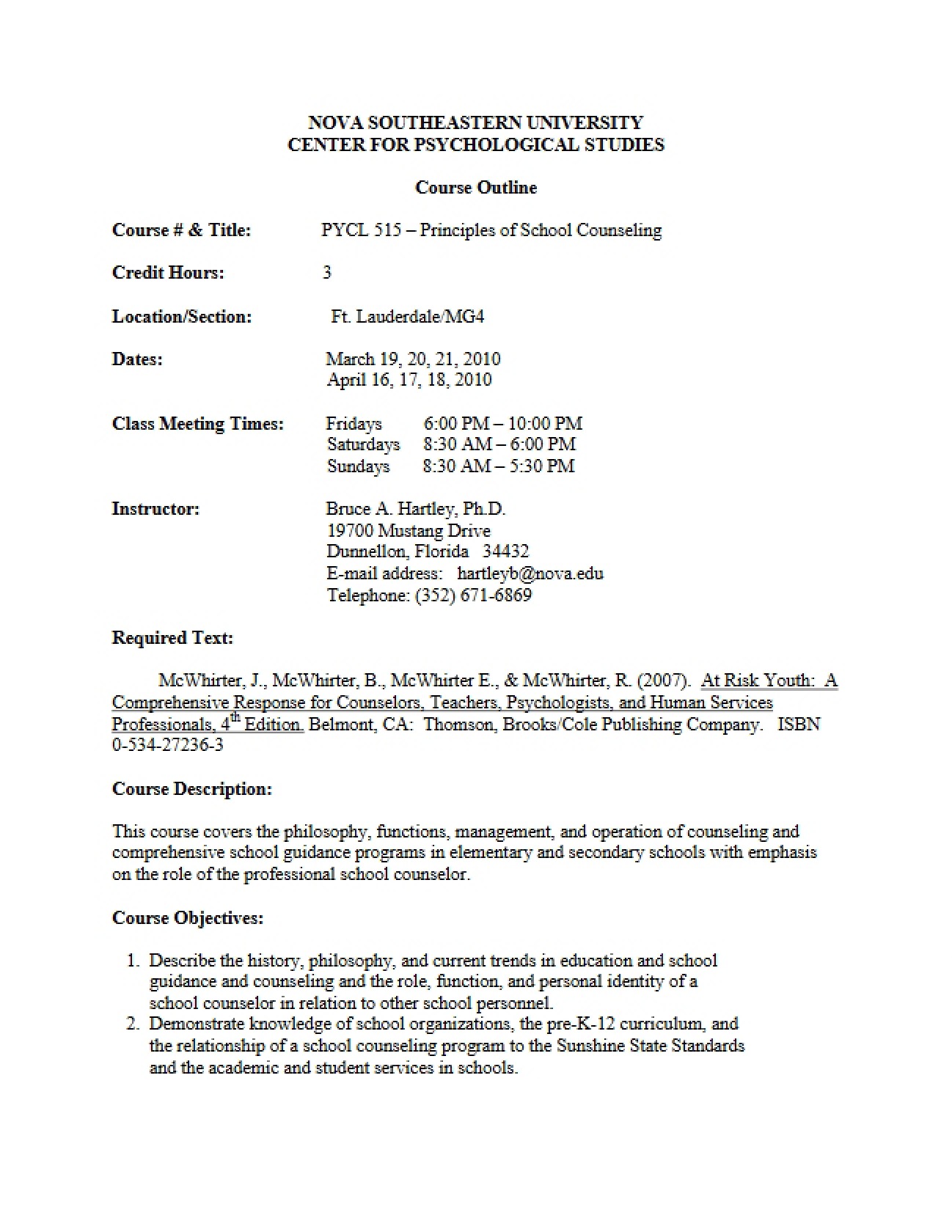 Course Outline: School Counseling Principles