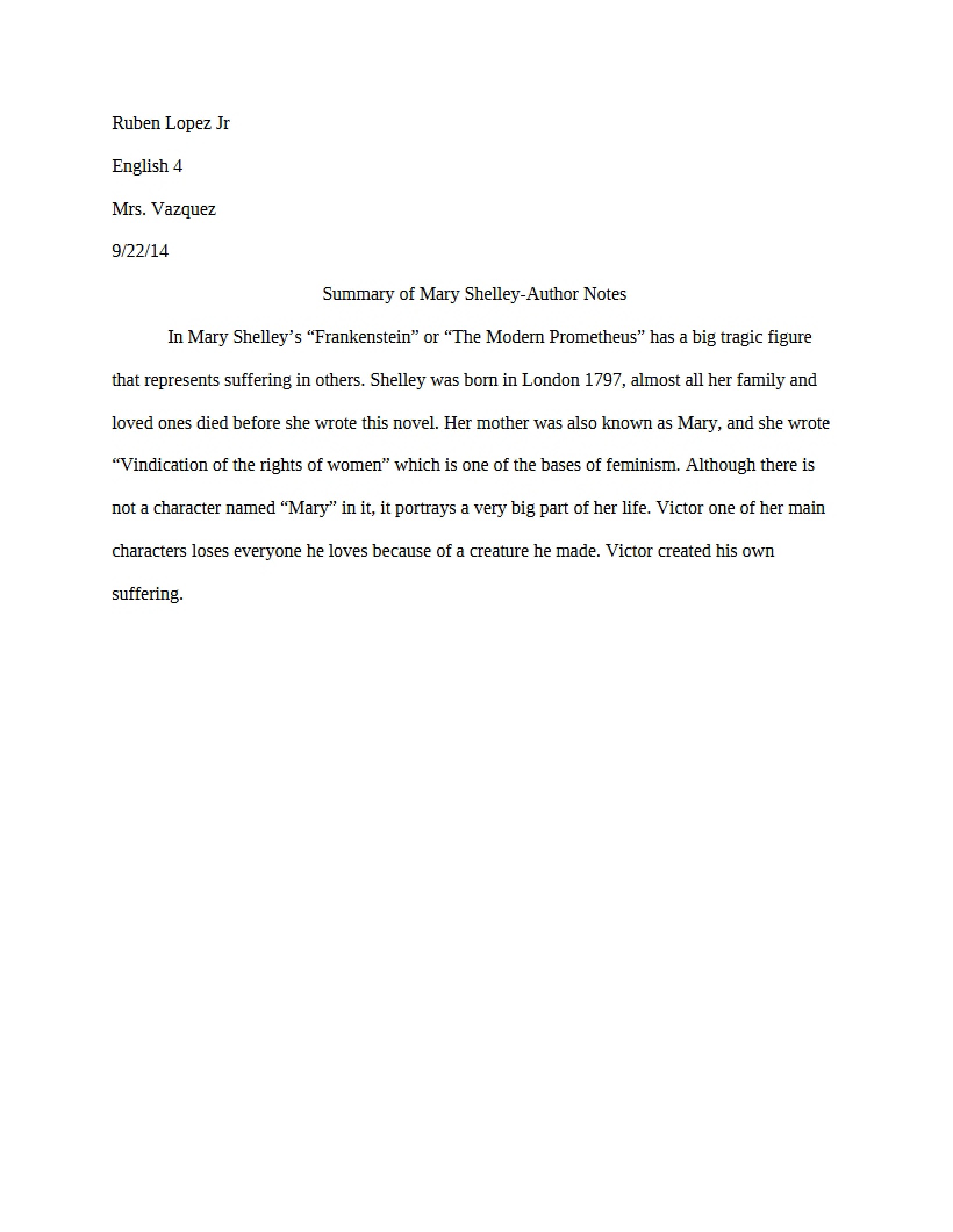 Mary Shelley Author Notes Summary