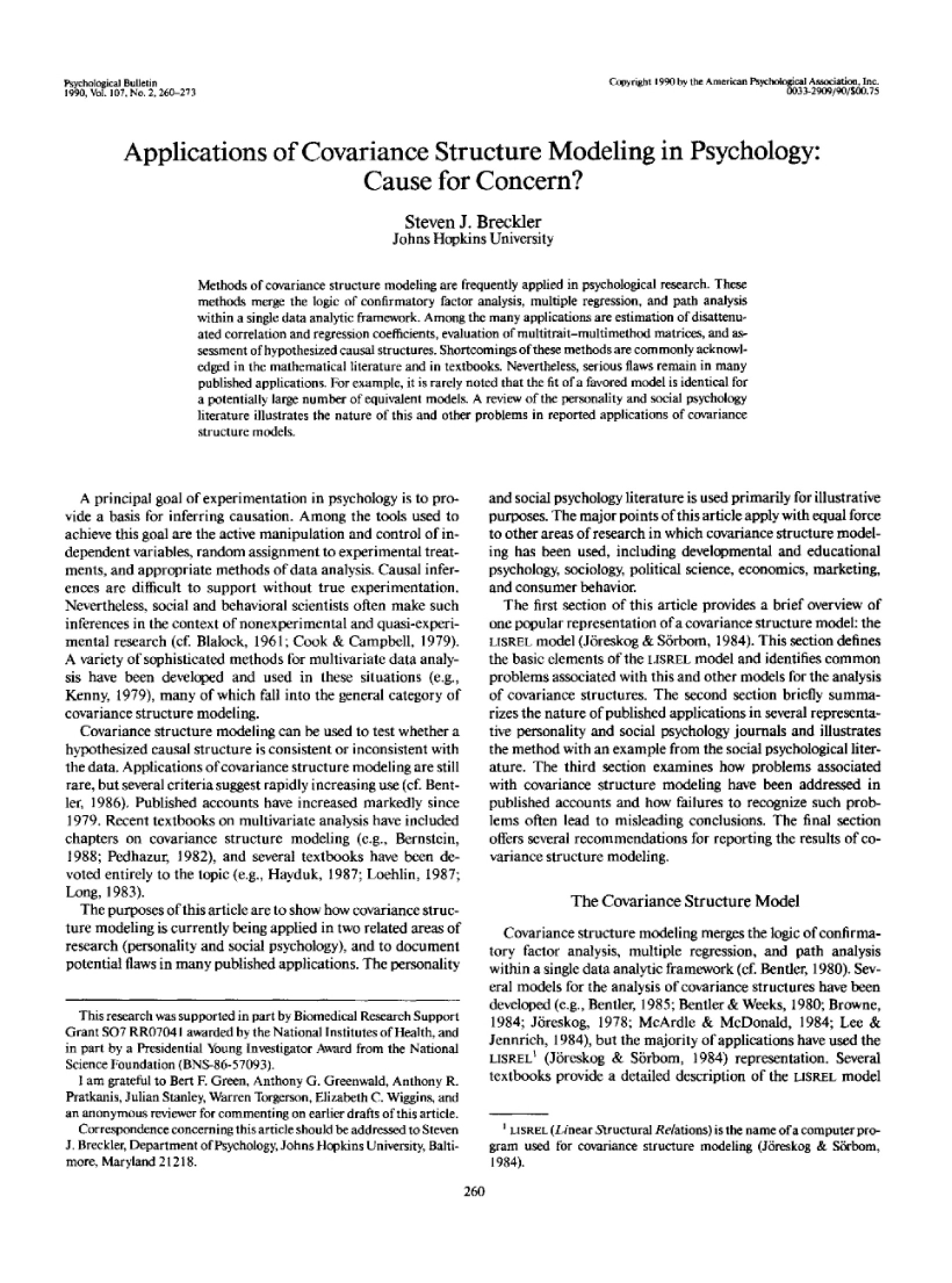 Psychology Applications of Covariance Structure Modeling
