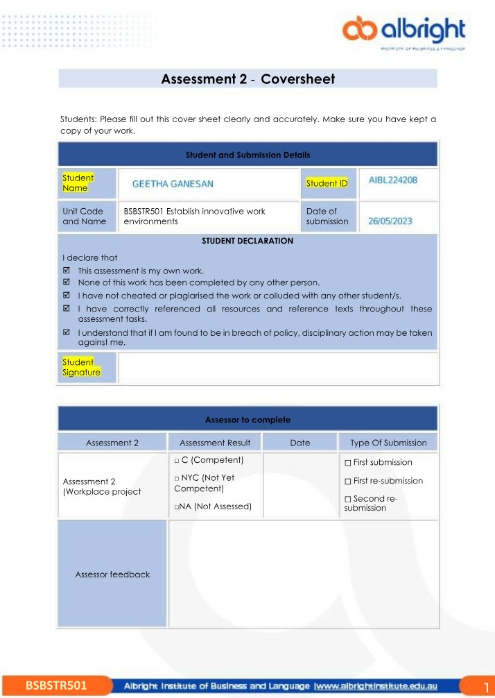 Assessment 2 Coversheet and Workplace Project Assessment (BSBSTR501)