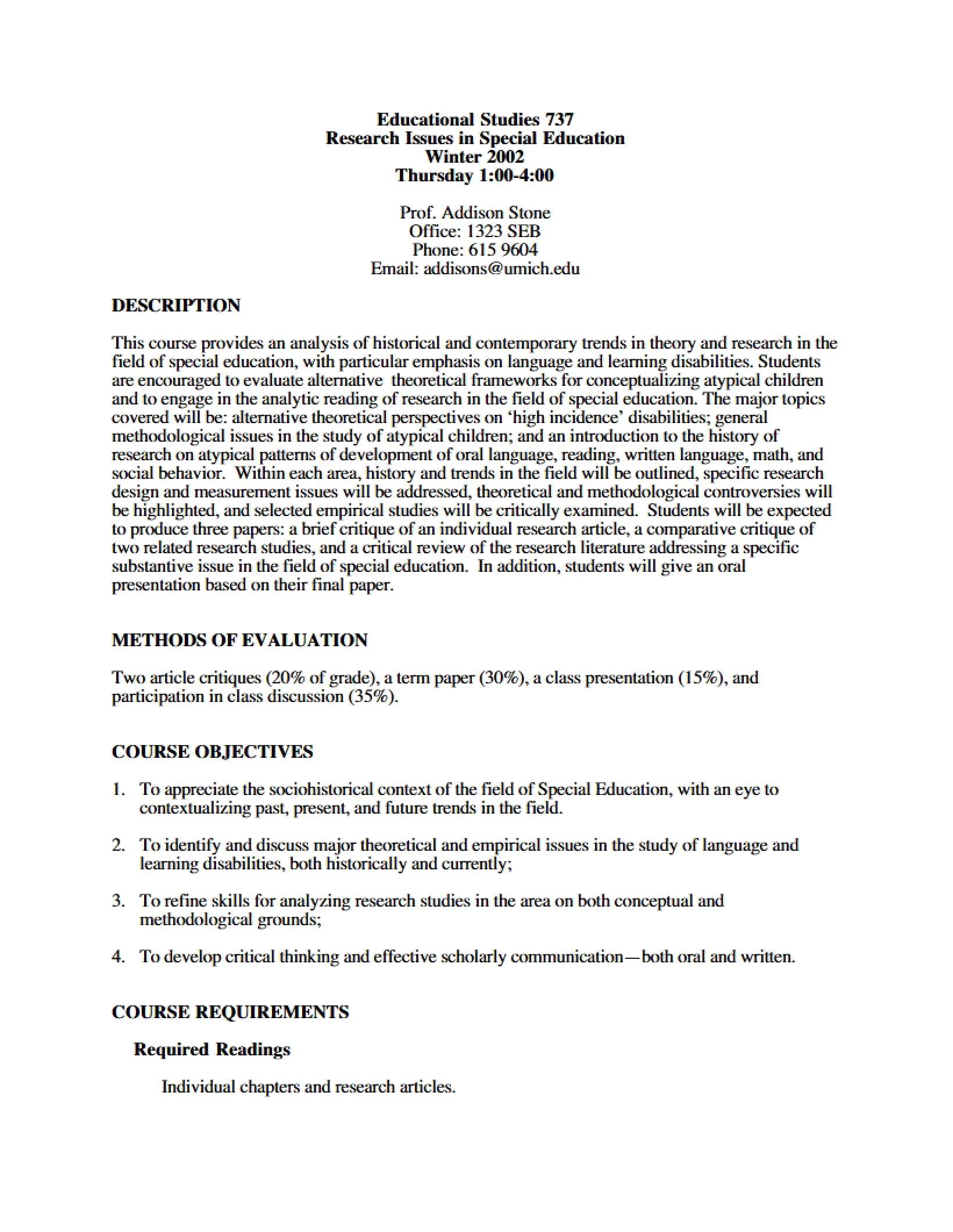 Special Education Research Issues Syllabus