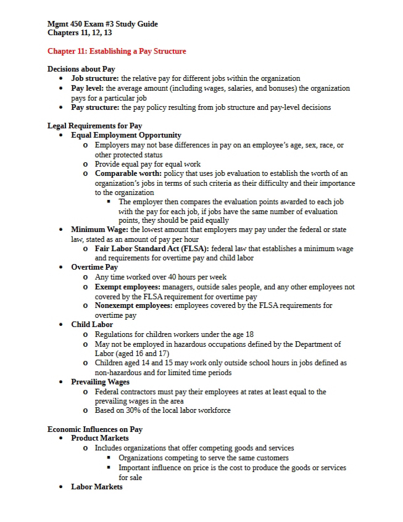 Exam 3 Preparation Guide (Mgmt 450)