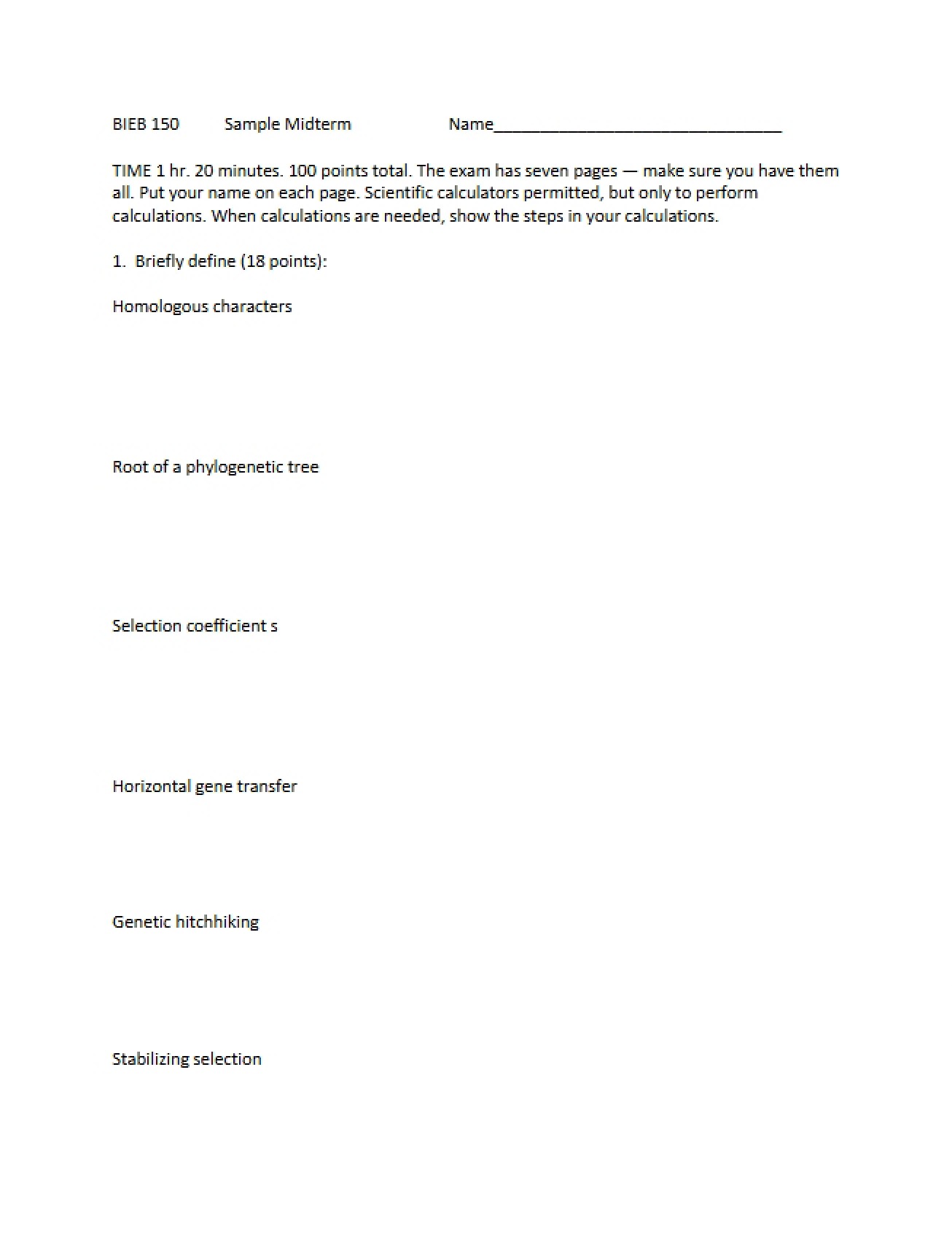 Sample Midterm for Introduction to Ecology